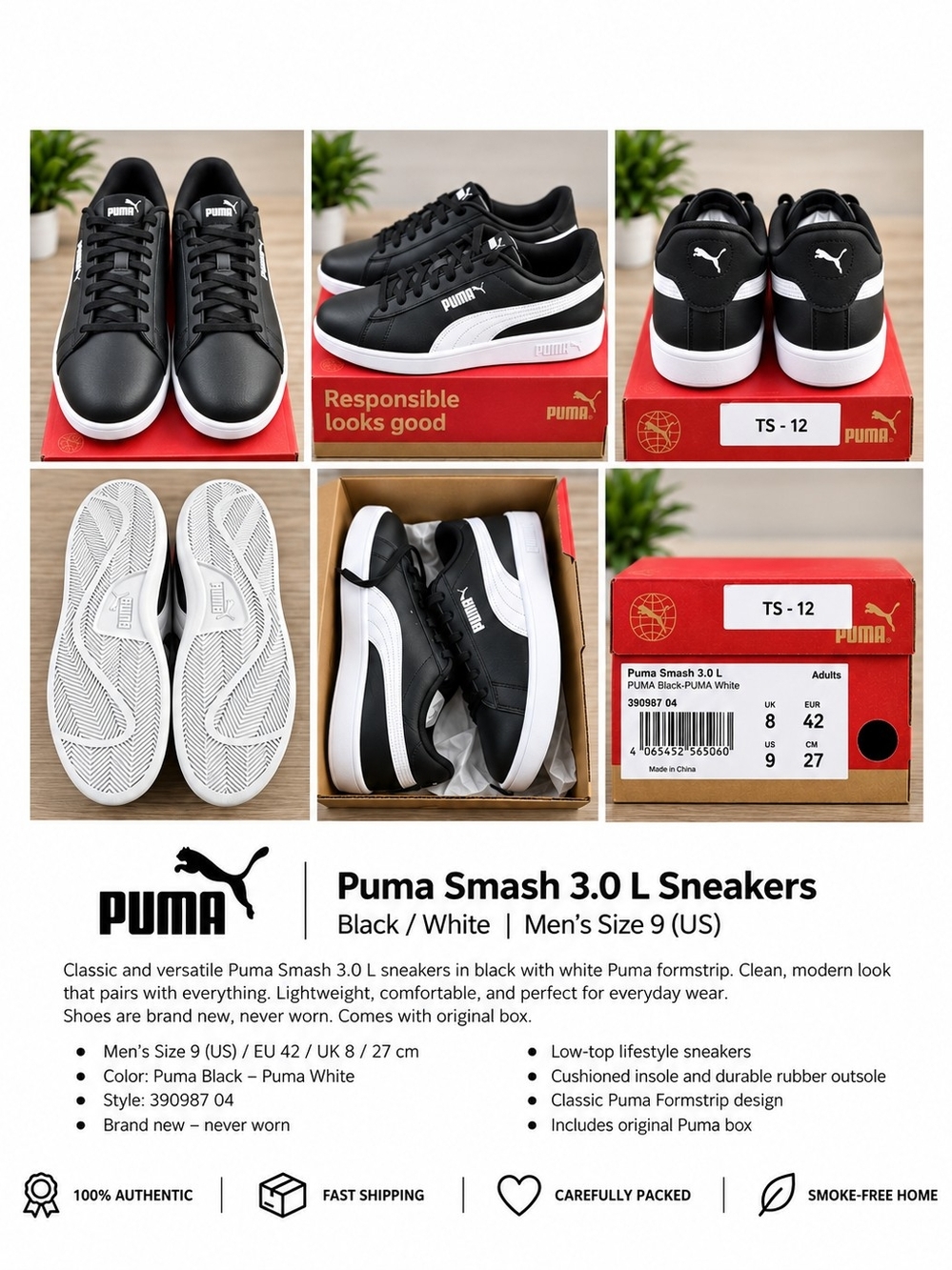 NWT Puma Smash 3.0 L Black White Sneakers Men's Size 9 NEW